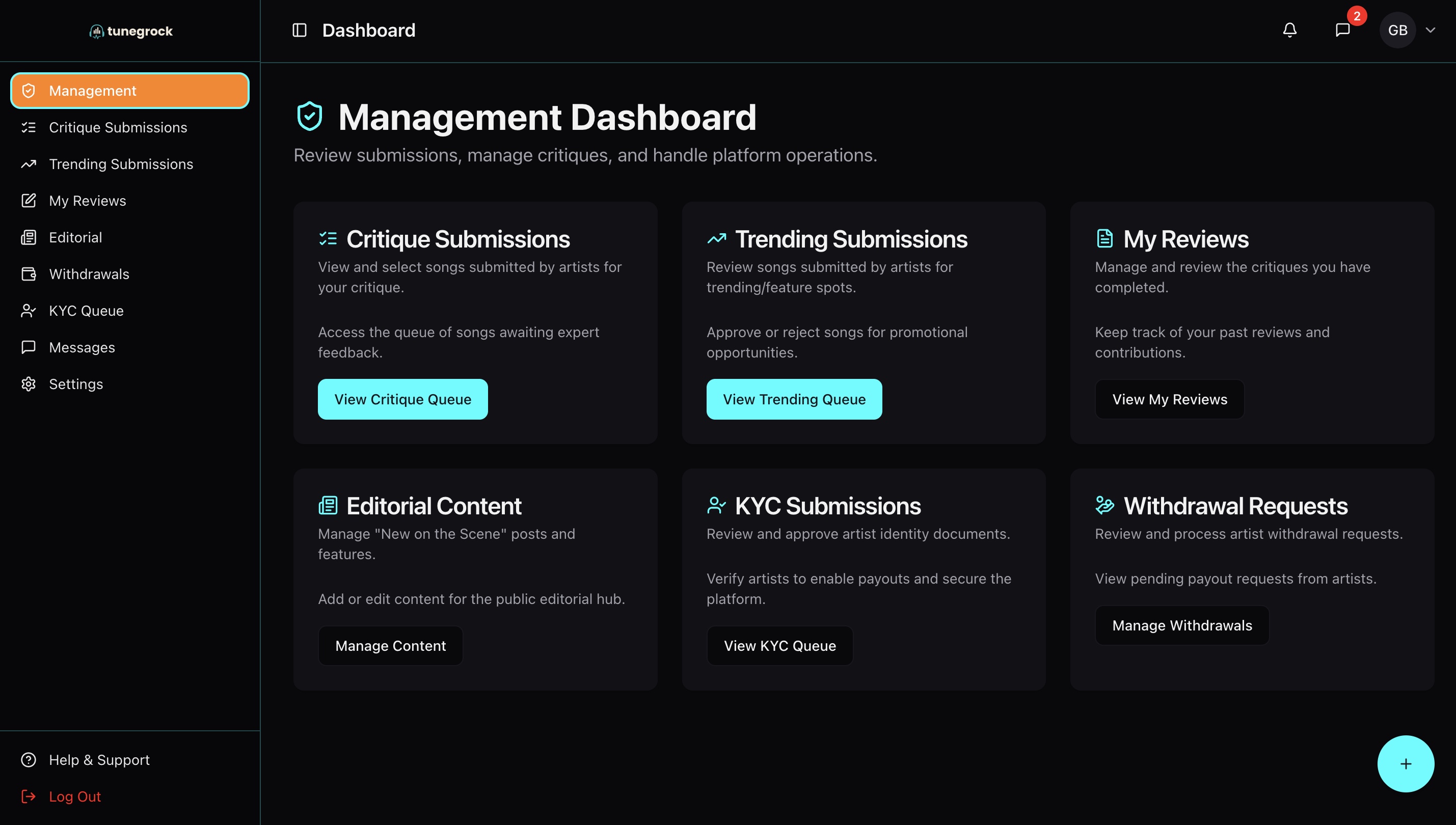 Tunegrock Admin Dashboard